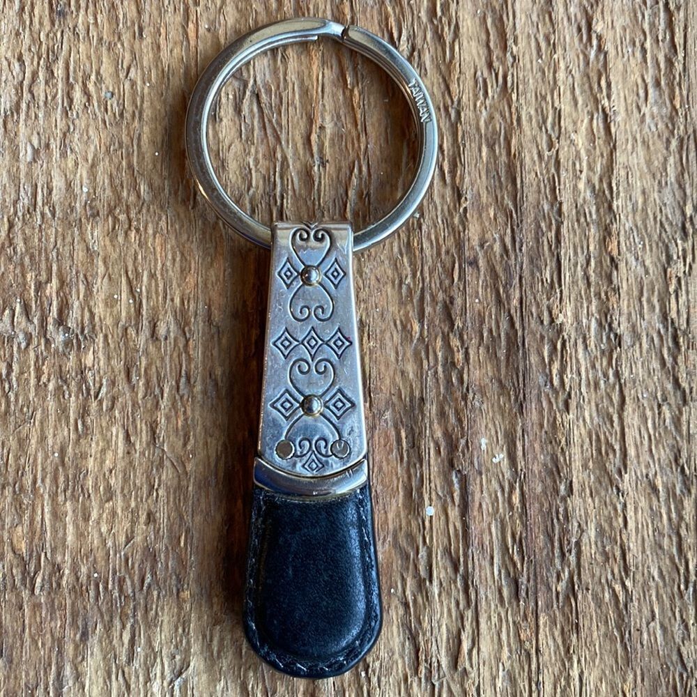 Brighton vintage etched silver and black leather key chain ring